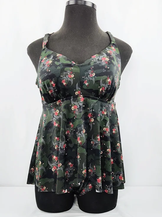 Torrid Black & Green Floral Camo & Skull One-Piece Swimsuit - Picture 1 of 6